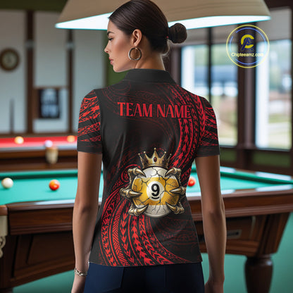 Female billiards player wearing Red Tribal Skull Crown pool jersey during professional billiard competition