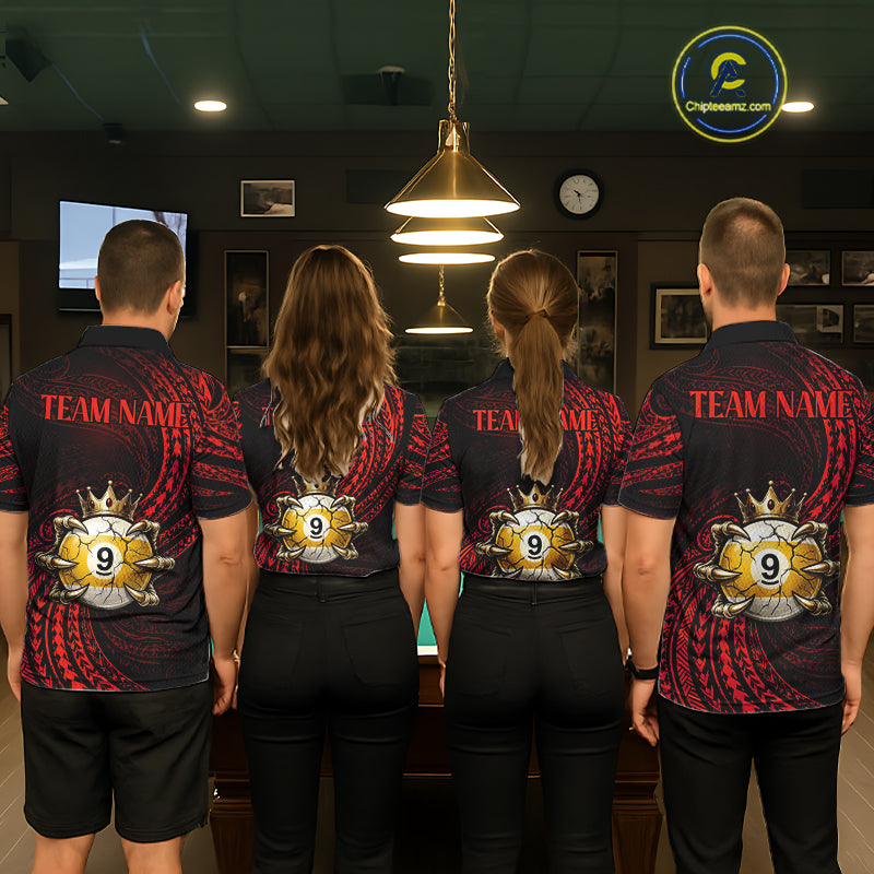 Men women billiard team wearing Red Tribal Skull Crown custom billiard uniforms, tournament team jerseys