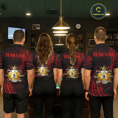 Men women billiard team wearing Red Tribal Skull Crown custom billiard uniforms, tournament team jerseys