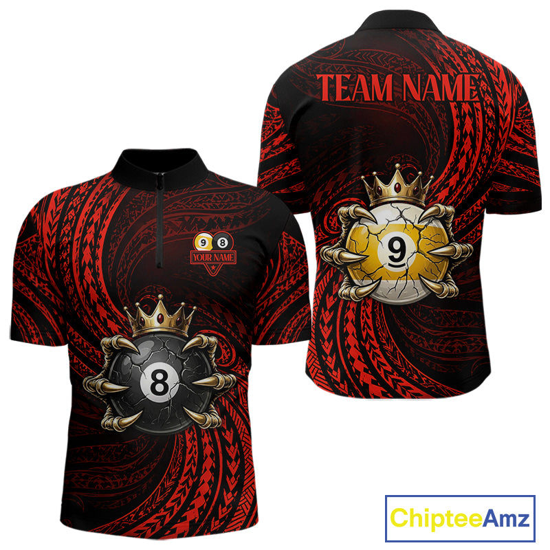 Red Tribal Skull Crown men's quarter zip billiard shirt custom cue sports team jersey, APA league uniform