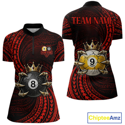 Red Tribal Skull Crown women's quarter zip billiard shirt custom cue sports team jersey, APA league uniform