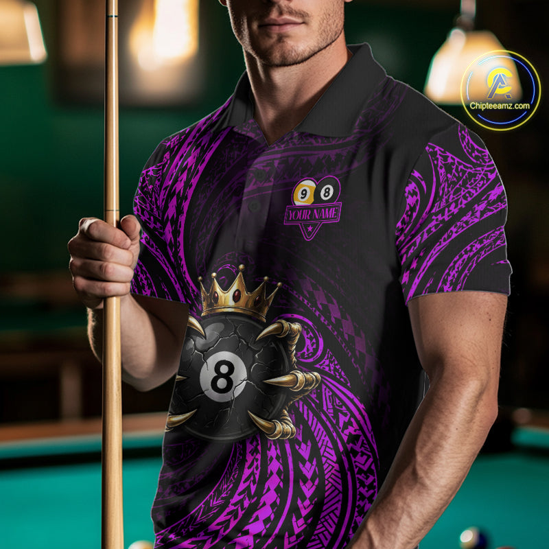 Male pool player wearing Purple Tribal Skull Crown billiard jersey during league and tournament play