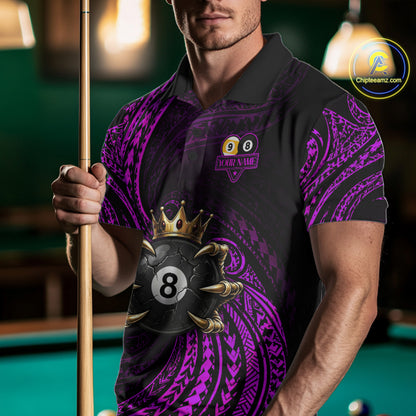 Male pool player wearing Purple Tribal Skull Crown billiard jersey during league and tournament play