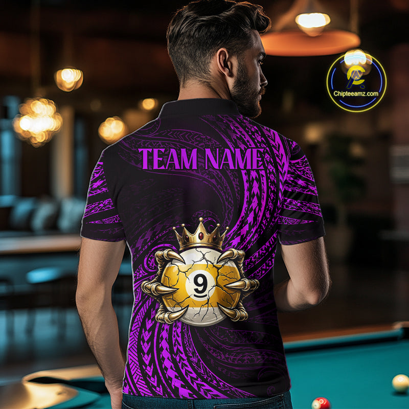 Male pool player wearing Purple Tribal Skull Crown billiard jersey during league and tournament play