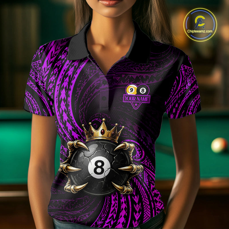 Female pool player wearing Purple Tribal Skull Crown billiard jersey during league and tournament play