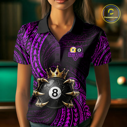 Female pool player wearing Purple Tribal Skull Crown billiard jersey during league and tournament play