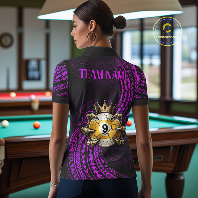 Female pool player wearing Purple Tribal Skull Crown billiard jersey during league and tournament play