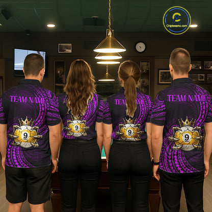 Men women billiard team wearing Purple Tribal Skull Crown custom 8 ball 9 ball uniforms