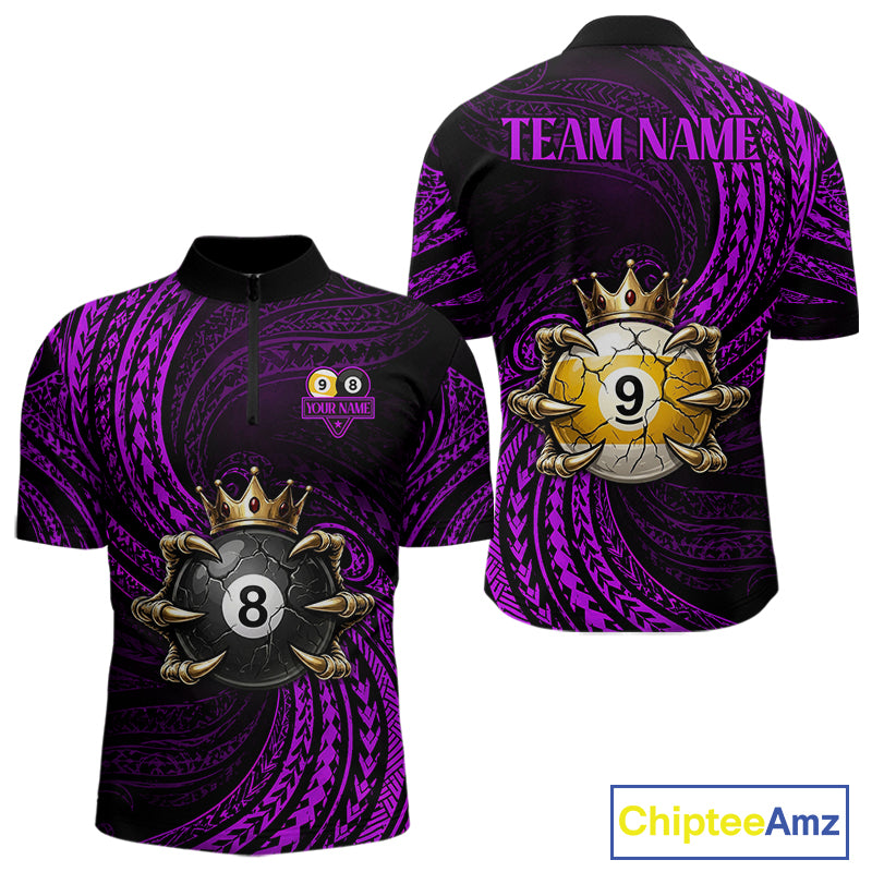 Purple Tribal Skull Crown men's quarter zip billiard shirt custom billiards team uniform, cue sports apparel