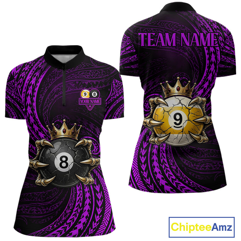 Purple Tribal Skull Crown women's quarter zip billiard shirt custom billiards team uniform, cue sports apparel