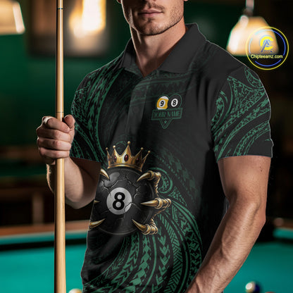 Male billiards player wearing Green Tribal Skull Crown pool jersey during APA and BCA competition