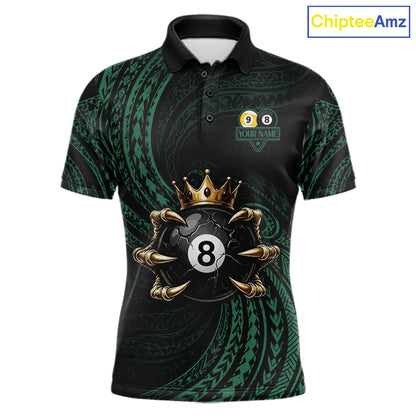 Green Tribal Skull Crown men's billiard polo shirt custom 8 ball 9 ball pool jersey, personalized billiards team apparel