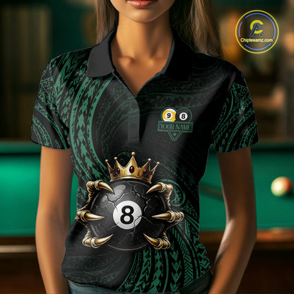 Female billiards player wearing Green Tribal Skull Crown pool jersey during APA and BCA competition