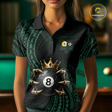 Load image into Gallery viewer, Female billiards player wearing Green Tribal Skull Crown pool jersey during APA and BCA competition