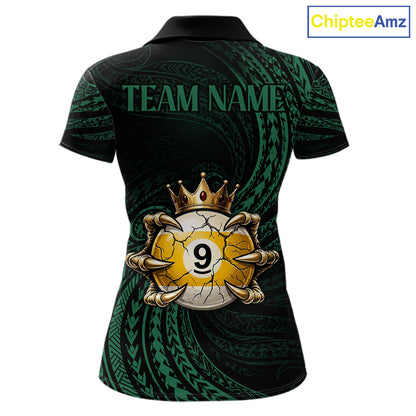 Green Tribal Skull Crown women's billiard polo shirt custom 8 ball 9 ball pool jersey, personalized billiards team apparel