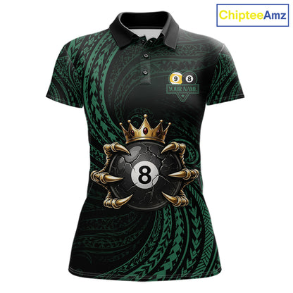 Green Tribal Skull Crown women's billiard polo shirt custom 8 ball 9 ball pool jersey, personalized billiards team apparel