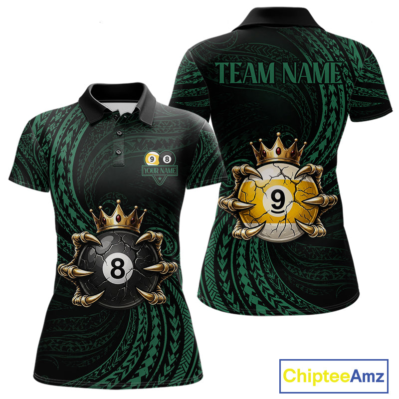 Green Tribal Skull Crown women's billiard polo shirt custom 8 ball 9 ball pool jersey, personalized billiards team apparel