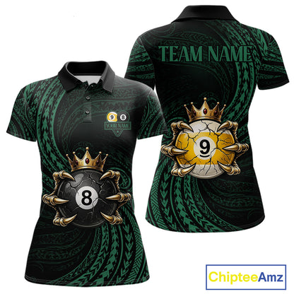 Green Tribal Skull Crown women's billiard polo shirt custom 8 ball 9 ball pool jersey, personalized billiards team apparel