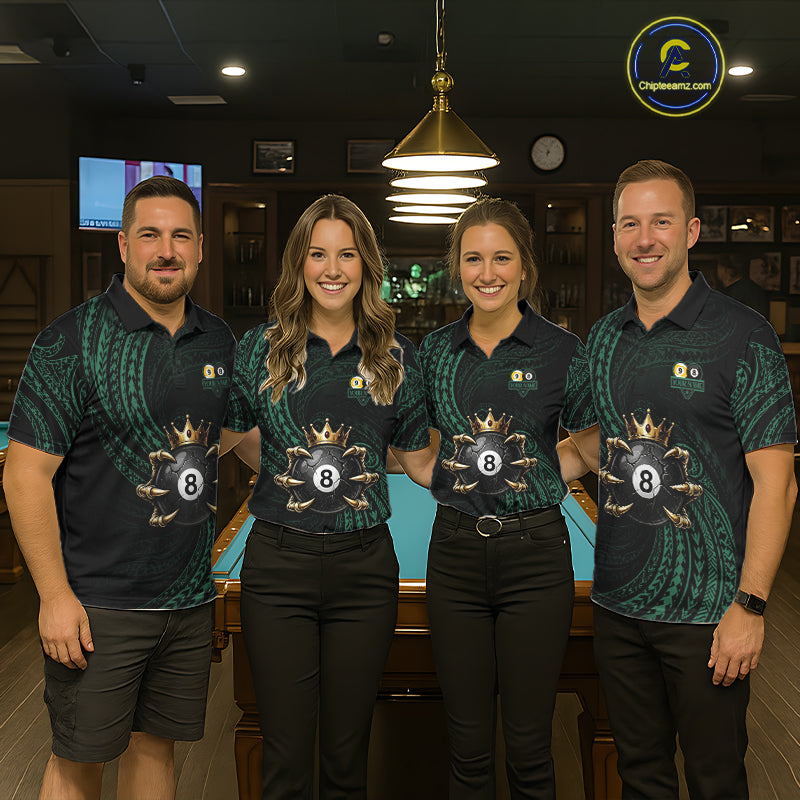 Men women billiard team wearing Green Tribal Skull Crown custom billiards uniforms and tournament jerseys
