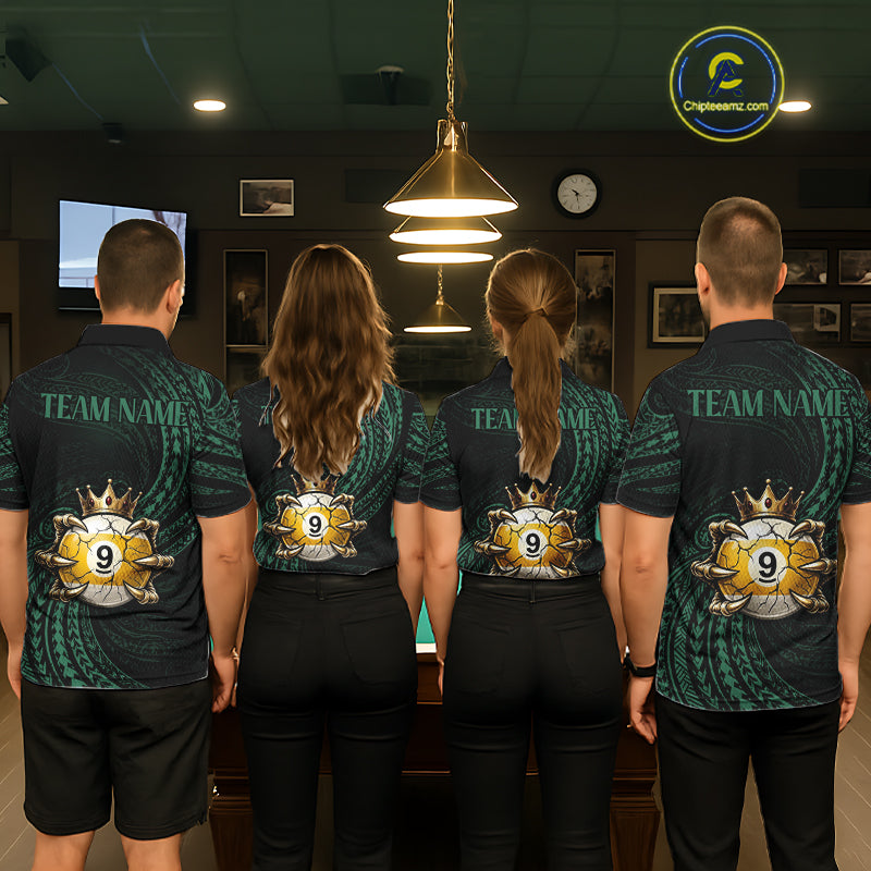Men women billiard team wearing Green Tribal Skull Crown custom billiards uniforms and tournament jerseys