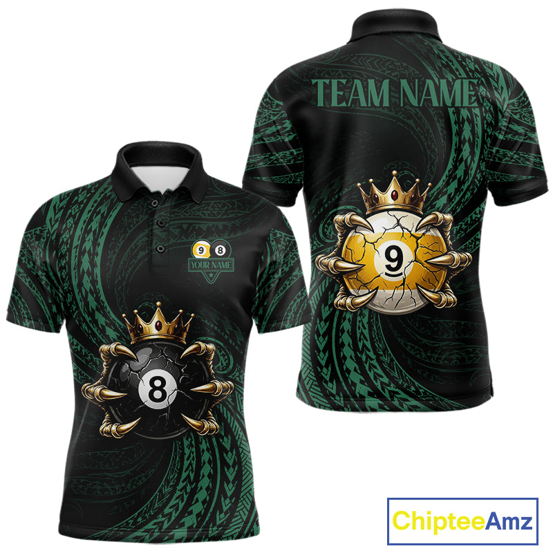 Green Tribal Skull Crown men's billiard polo shirt custom 8 ball 9 ball pool jersey, personalized billiards team apparel