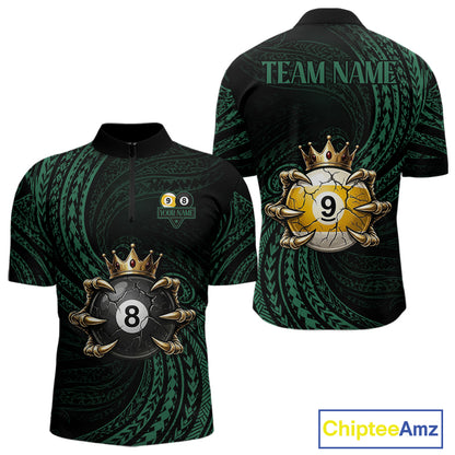 Green Tribal Skull Crown men's quarter zip billiard shirt custom pool team jersey, professional cue sports uniform