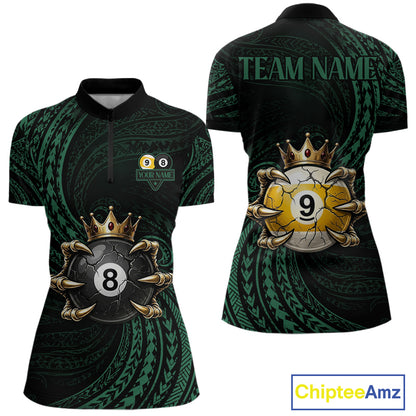 Green Tribal Skull Crown women's quarter zip billiard shirt custom pool team jersey, professional cue sports uniform