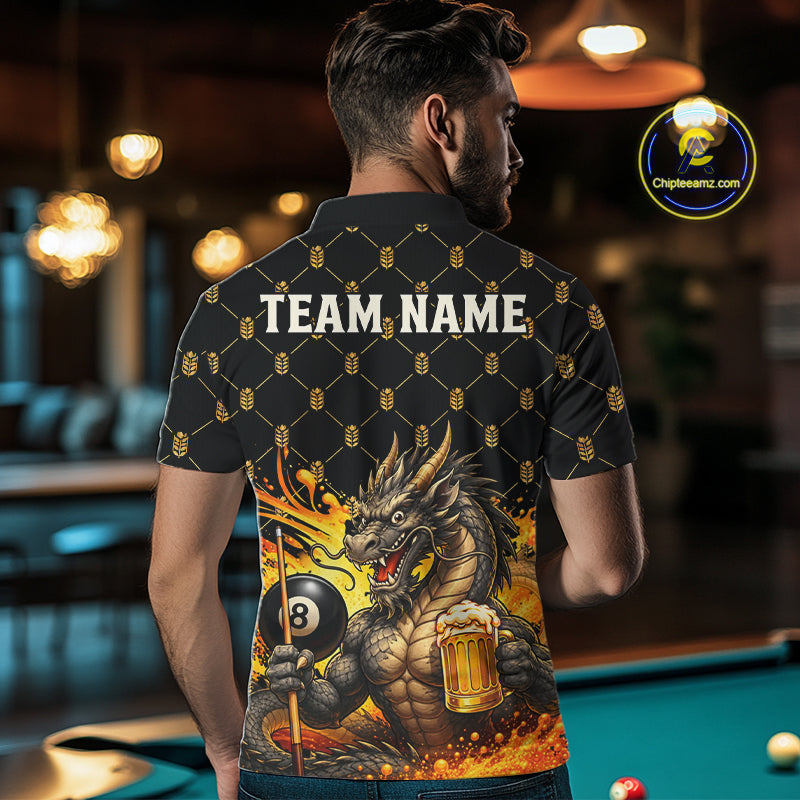 Male billiards player wearing Beer Funny Dragon 8 Ball pool jersey during tournament and league competition