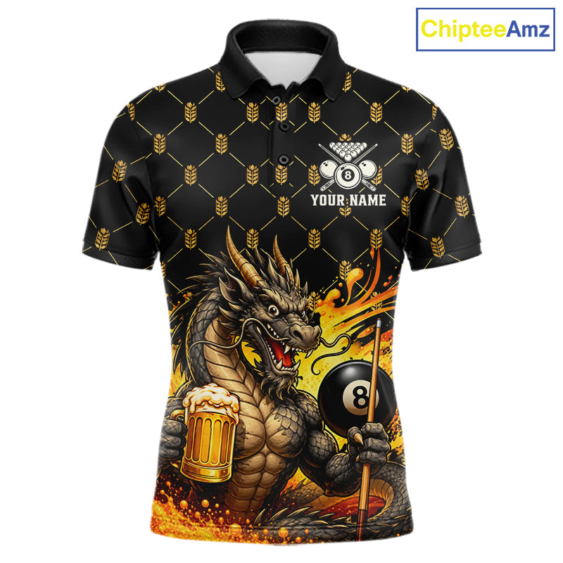Beer Funny Dragon Play Pool 8 Ball men's billiard polo shirt custom billiards team jersey, personalized pool apparel