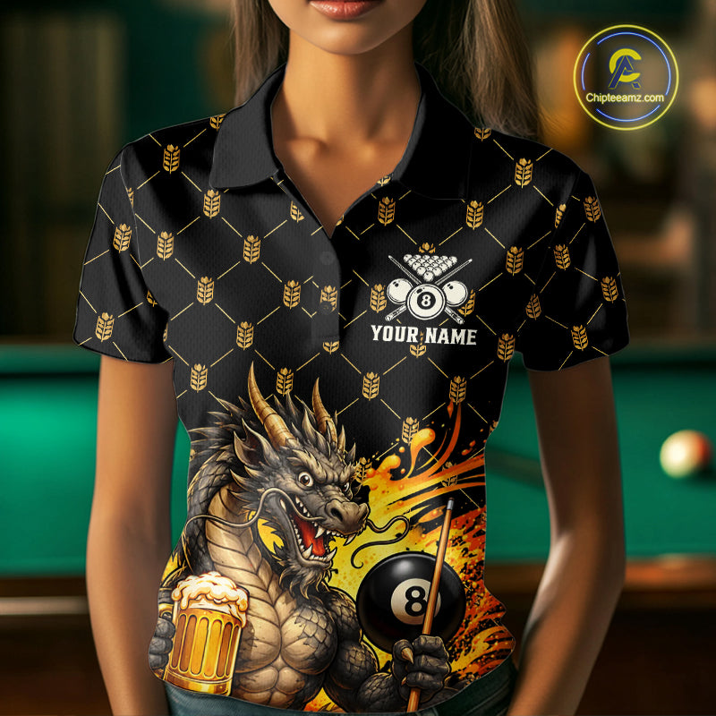 Female billiards player wearing Beer Funny Dragon 8 Ball pool jersey during tournament and league competition