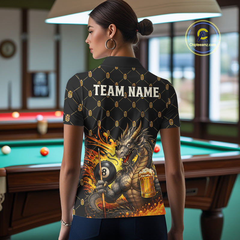 Female billiards player wearing Beer Funny Dragon 8 Ball pool jersey during tournament and league competition
