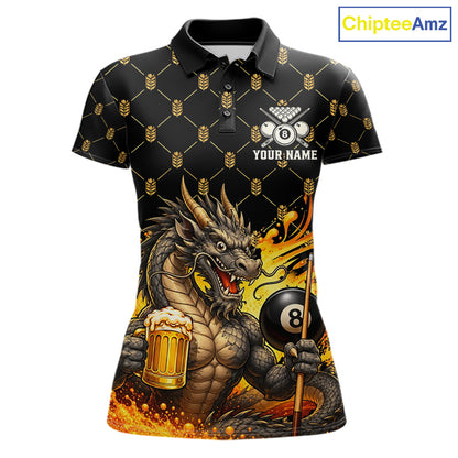Beer Funny Dragon Play Pool 8 Ball women's billiard polo shirt custom billiards team jersey, personalized pool apparel
