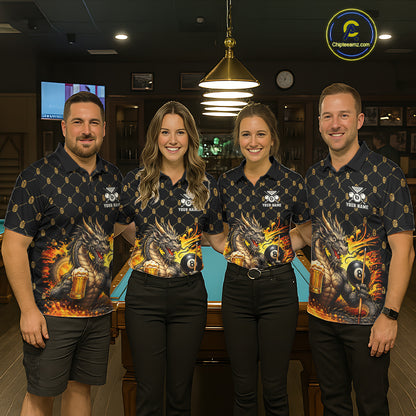 Men women billiard team wearing Beer Funny Dragon custom billiards uniforms, personalized pool jerseys