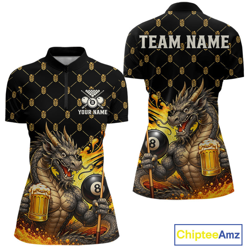 Beer Funny Dragon Play Pool 8 Ball women's quarter zip billiard shirt custom pool league jersey, cue sports apparel