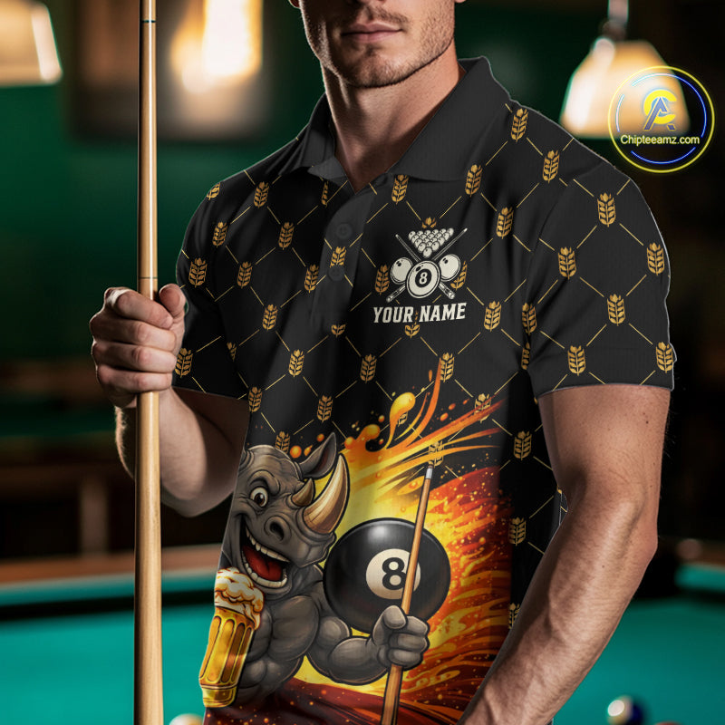 Male pool player wearing Beer Funny Rhino 8 Ball billiard jersey during league night and recreational tournament