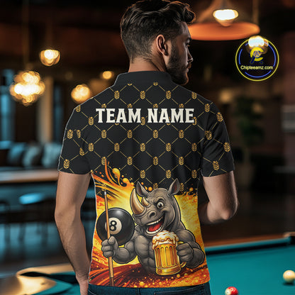 Male pool player wearing Beer Funny Rhino 8 Ball billiard jersey during league night and recreational tournament