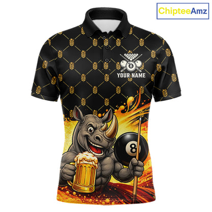 Beer Funny Rhino Play Pool 8 Ball men's billiard polo shirt custom pool team jersey, personalized billiards apparel, funny billiard shirt