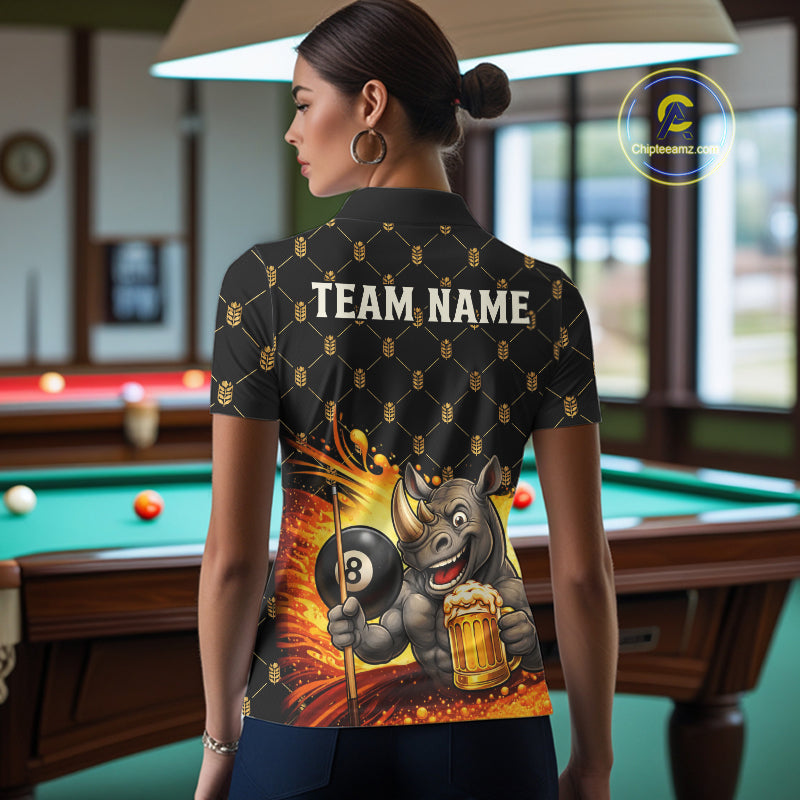Female pool player wearing Beer Funny Rhino 8 Ball billiard jersey during league night and recreational tournament