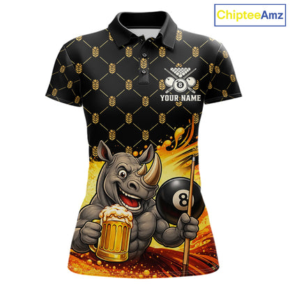 Beer Funny Rhino Play Pool 8 Ball women's billiard polo shirt custom pool team jersey, personalized billiards apparel, funny billiard shirt