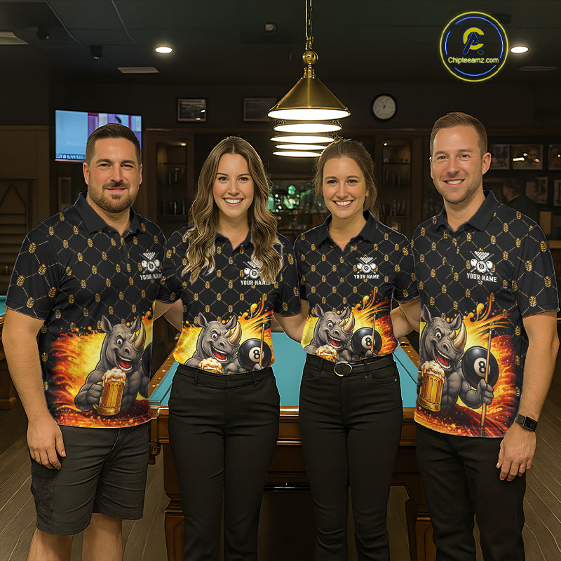 Men women billiard team wearing Beer Funny Rhino custom pool uniforms, funny team billiard jerseys