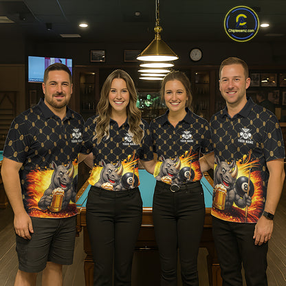 Men women billiard team wearing Beer Funny Rhino custom pool uniforms, funny team billiard jerseys