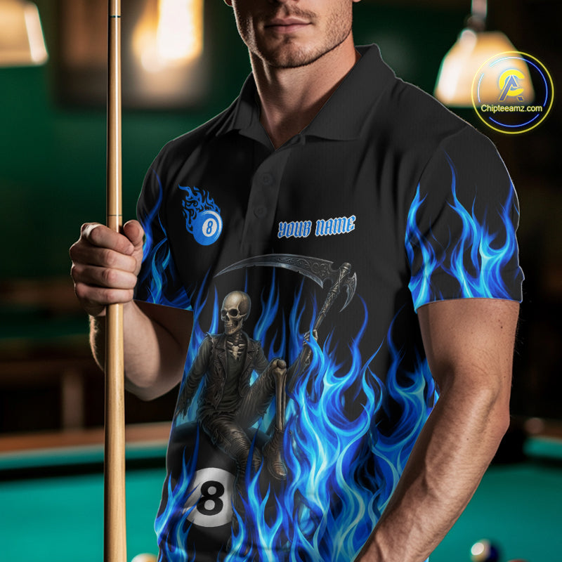 Male pool player wearing Blue Grim Reaper fire flame billiard jersey during APA league competition