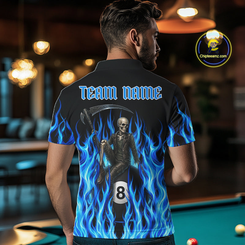Male pool player wearing Blue Grim Reaper fire flame billiard jersey during APA league competition