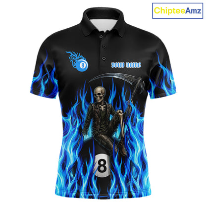 Men's billiard team wearing Flaming Skull 8 Ball custom billiard uniforms, personalized pool team jerseys
