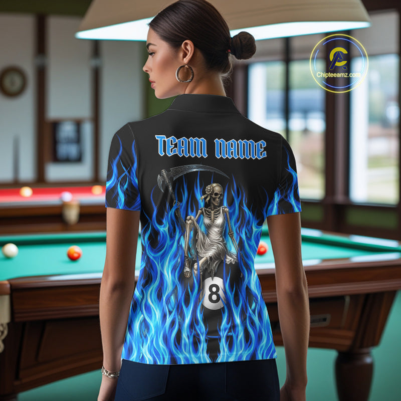 Female pool player wearing Blue Grim Reaper fire flame billiard jersey during APA league competition