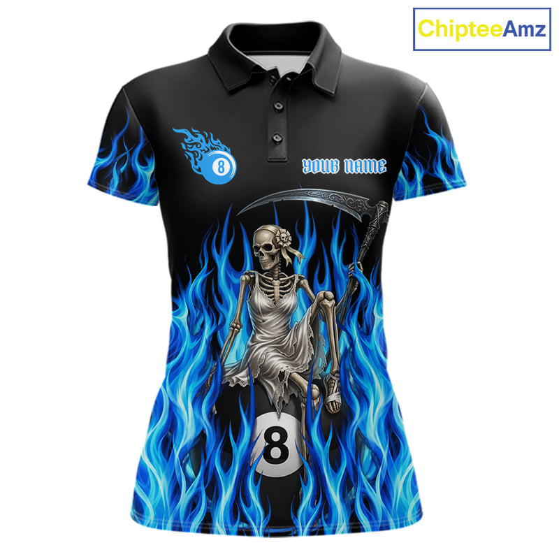 Blue Grim Reaper women's billiard polo shirt custom fire flame pool jersey, personalized 8 ball billiards apparel
