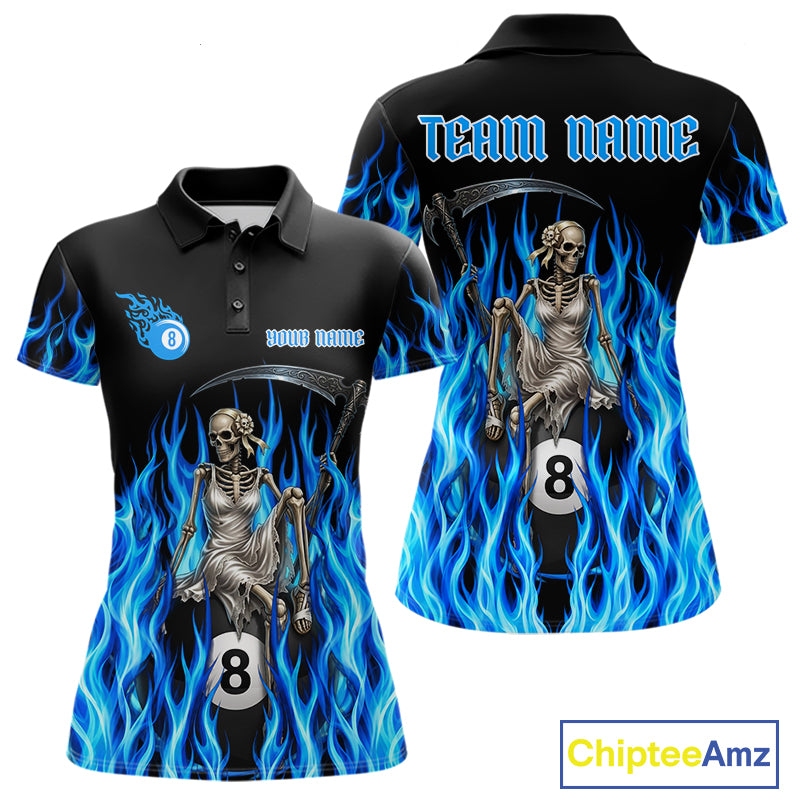 Blue Grim Reaper women's billiard polo shirt custom fire flame pool jersey, personalized 8 ball billiards apparel