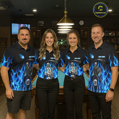 Men women billiard team wearing Blue Grim Reaper custom fire flame pool uniforms, professional billiards jerseys