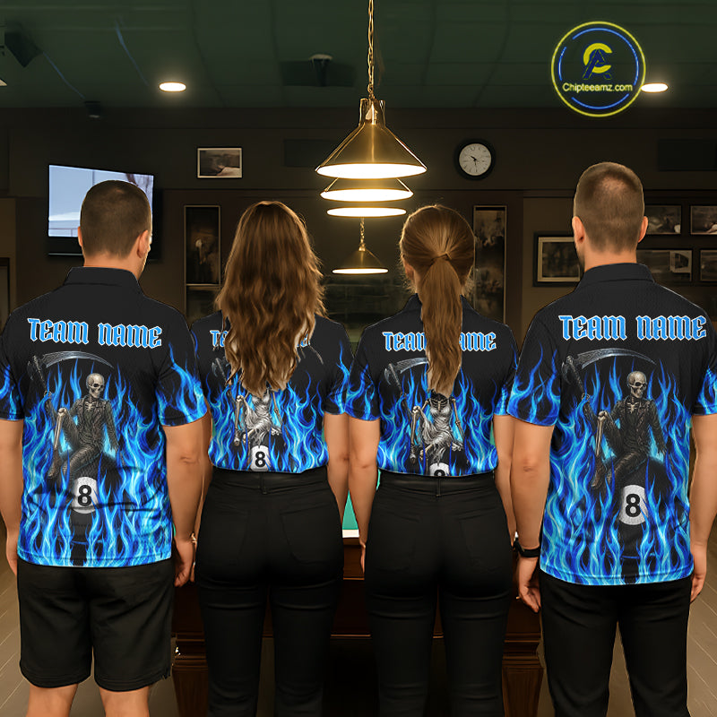 Men women billiard team wearing Blue Grim Reaper custom fire flame pool uniforms, professional billiards jerseys