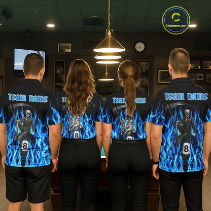 Men women billiard team wearing Blue Grim Reaper custom fire flame pool uniforms, professional billiards jerseys